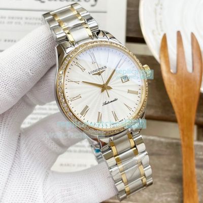 Hot Sale Replica Longines Watch White Dial Stainless Steel Case 2-Tone Yellow Gold Strap Men's Watch 40mm